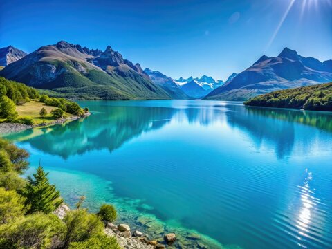 Patagonia's tranquil Traful Lake: serene blue waters, breathtaking scenery, perfect for peaceful landscape photography.