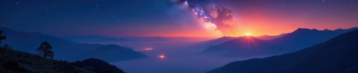 Obraz premium Glowing star trails over a misty mountain landscape, atmospheric, mystical, stars