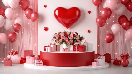 Romantic Valentine's Day scene gifts, roses, heart, balloons