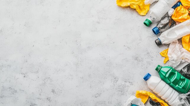 A collection of discarded plastic bottles and wrappings arranged on a light surface, highlighting the issue of waste and recycling.