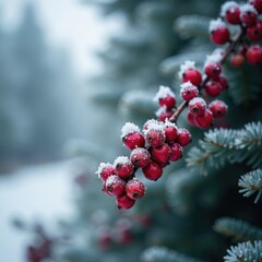Frosted viburnum berries amidst coniferous spruce forest, frosty morning, cold weather, winter scenery
