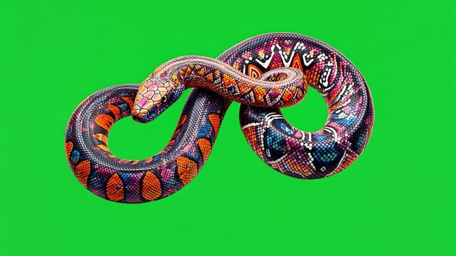 Vibrant Snake on Green Screen: A strikingly colorful snake, adorned with intricate patterns of orange, purple, and black, is coiled into an infinity symbol against a vibrant green screen.