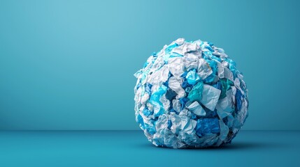 A crumpled ball of blue and white paper waste sits against a solid teal background, emphasizing recycling and environmental issues.