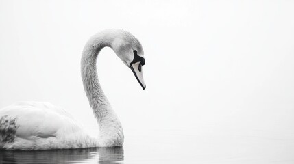 Fototapeta premium Elegant swan swimming serene lake, foggy background, peaceful nature scene