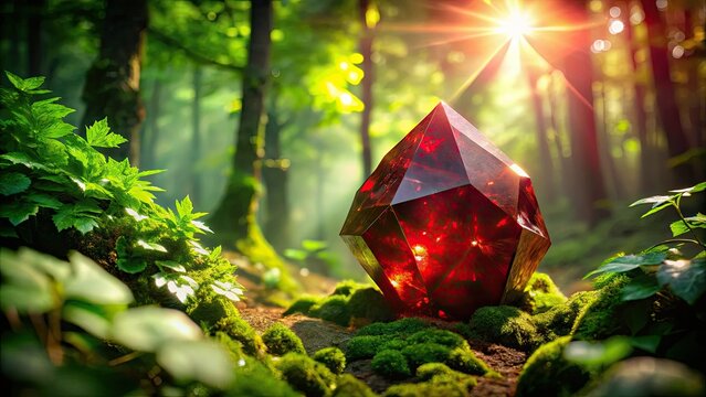 Red pyrope garnet bursts through nature's embrace in a captivating double exposure.