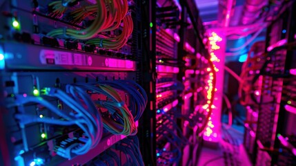 A vibrant server room with glowing cables and lights, showcasing a modern data center's intricate network infrastructure.