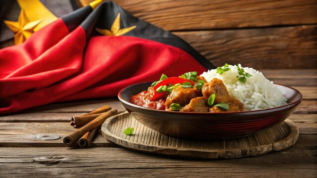 Savor Angola's vibrant flavors! High-resolution food photography, realistically set against the Angolan flag.