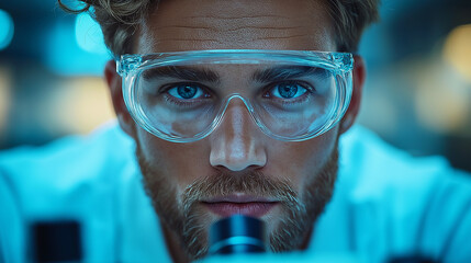 A scientist examining a specimen under a microscope, with a look of curiosity and discovery, capturing the thrill of scientific exploration.