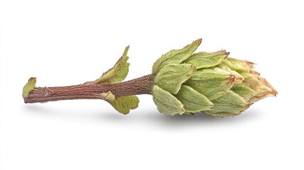 Obraz premium Unripe hop cone stem studio shot, white background, brewing ingredient