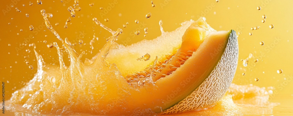 Aufkleber juicy cantaloupe melon slice being splashed with refreshing juice against a vibrant yellow backdrop