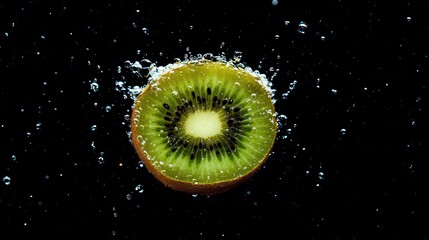 Kiwi slice splashing in water, dark background, fresh fruit, advertising