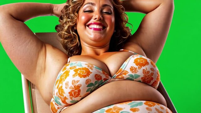 Summer Relaxation: Plus Size Woman in Bikini,  Enjoying Sunny Day