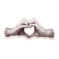 Fototapeta premium Male hands forming a heart. Isolated vector collage illustration cut from an old newspaper with a halftone effect. Trendy retro element gesture heart with Bitmap texture