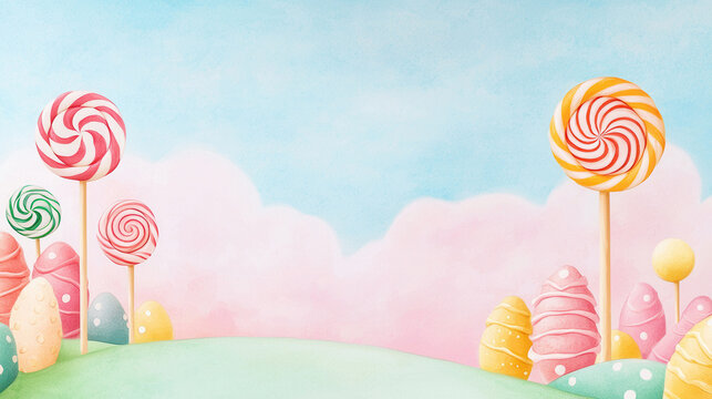 Watercolor Easter Candy Land concept. Colorful candy landscape with lollipops and swirls under a blue sky
