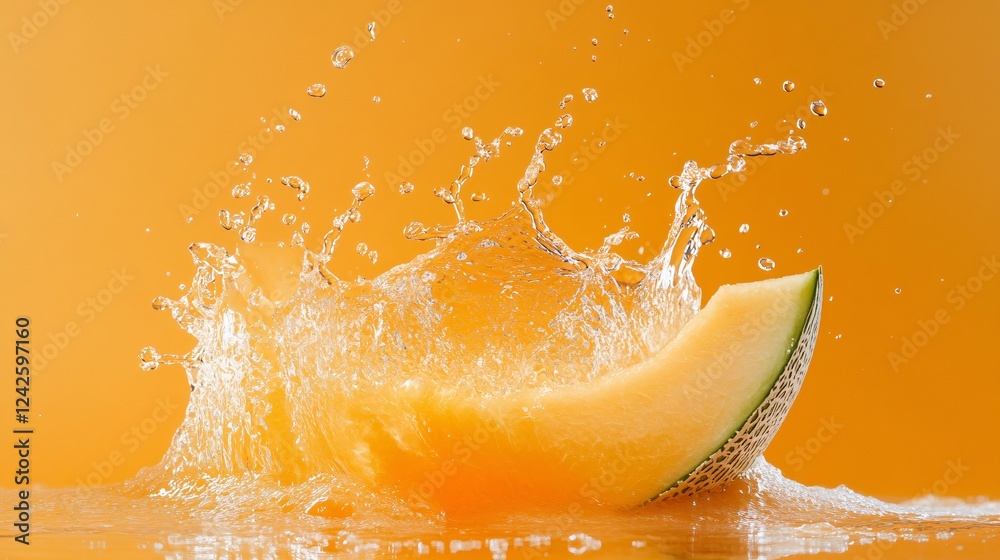 Aufkleber energizing image of a water-splashed slice of melon set against a vibrant orange backdrop