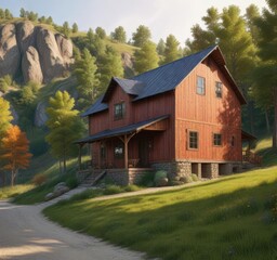 Obraz premium Wooden barn house with a steep hillside and surrounding trees , wooden, nature, hill