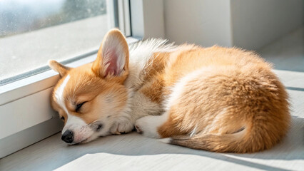 Pembroke Welsh Corgi puppy sleeps peacefully in curled position, showing fluffy orange and white fur against minimalist background with soft natural lighting. 
