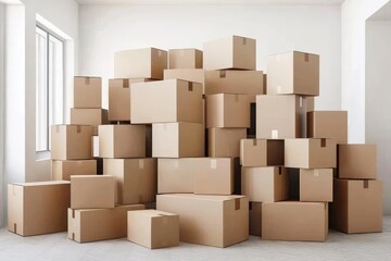 A large collection of plain cardboard boxes stacked on a white background.