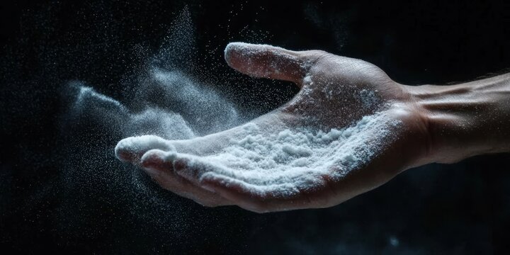 A male athlete prepares his grip with white magnesia powder.