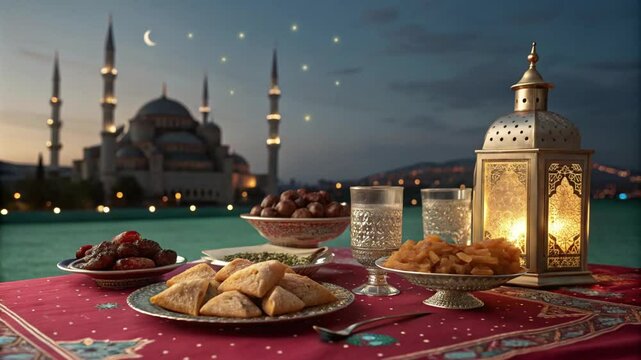 Ramadan Eid Mubarak festival with mosque date moon Islamic background.