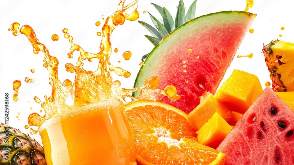 Poster refreshing image featuring a glass of fruit juice splashing with sliced watermelon, pineapple, mango