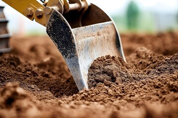 Excavator Bucket Digging Brown Soil Ground Construction Site