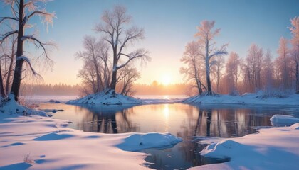 Winter landscape with a frozen lake and snow-covered trees, still life, lake