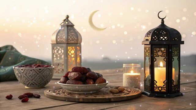 Ramadan Eid Mubarak festival with mosque date moon Islamic background.