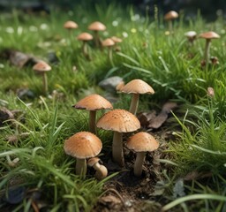 Wild mushrooms sprouting in poorly kept grass, grass, mushrooms, fungi, sprouting