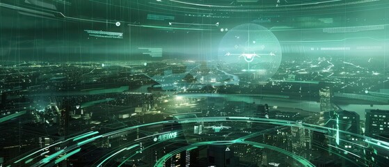A futuristic cityscape glowing in green hues, with digital overlays and a high-tech aesthetic, showcasing advanced technology and urban design.