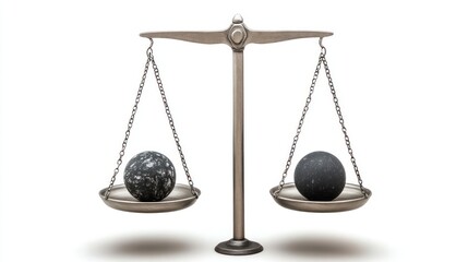 Balanced scales, two spheres, white background, weighing, justice concept