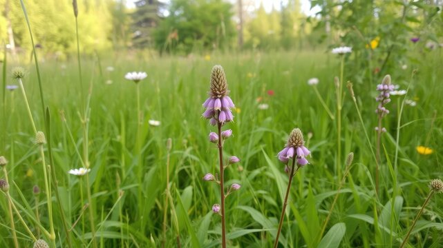 Wild Galinsoga plant growing in a lush green meadow surrounded by tall flowers and trees, plants, wildflower, galinsoga parviflora