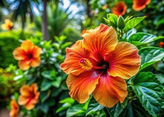 Fototapeta premium Sun-drenched hibiscus, fiery orange and red, bloom brilliantly in summer's garden.