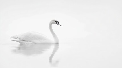 Fototapeta premium Serene swan swims calm lake, misty background, peaceful nature scene
