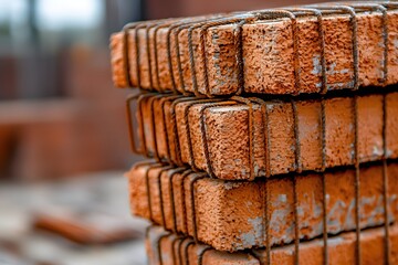 Naklejka premium Stacked Bricks Construction Site Detail Rusty Wire Reinforced