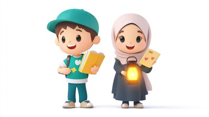 Happy kids, book, lantern, letter, adventure, white background, illustration, education