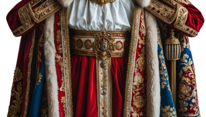 Regal royal attire with luxurious red and gold embroidery on transparent background, elegant historical costume for monarchy, nobility, and period drama designs
