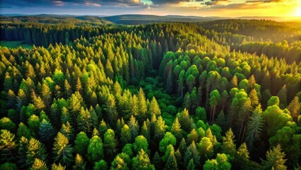 Sun-drenched pine forest edge, viewed from above; high-resolution drone photography captures summer's vibrant canopy.
