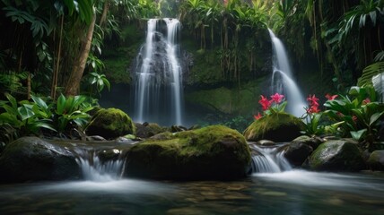 Obraz premium Serene Waterfall in Lush Tropical Paradise