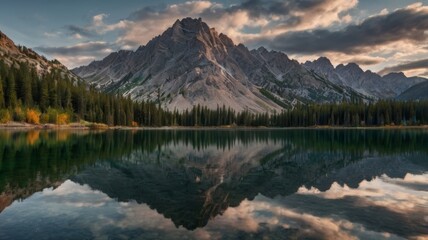 Obraz premium Majestic Mountain Reflection in Serene Lake at Dusk