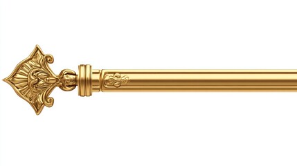 Ornate gold curtain rod, detailed finial, isolated, white background, interior design
