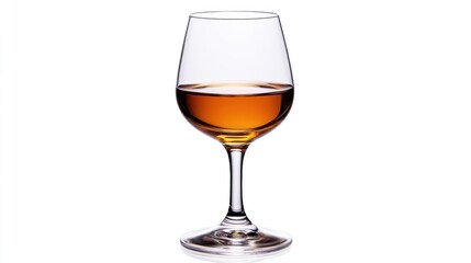 Amber liquid in wineglass, studio shot, white background, beverage advertising