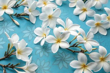 White flower motif in a seamless pattern with intricate details and subtle shading on a bright blue background, soft focus, sophisticated look, white flowers, refined beauty