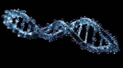 Abstract liquid DNA strand on black background symbolizes health and genetic research, 3D render