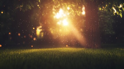 Naklejka premium Serene Sunset Glow in Lush Green Forest