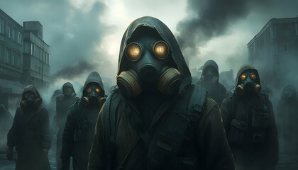 Mysterious Figures in Gas Masks Walking Through an Abandoned City