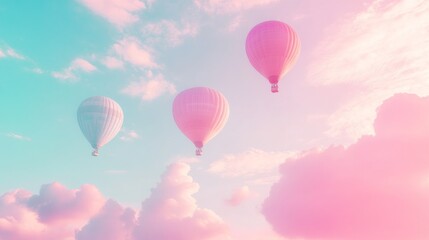 Naklejka premium Pastel hot air balloons soar in a dreamy sunrise sky; idyllic travel poster
