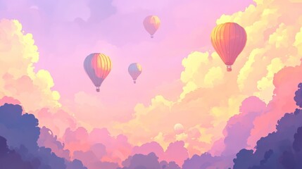 Obraz premium Hot air balloons sunset flight over dreamy landscape