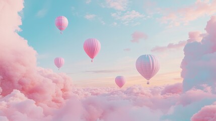 Pink hot air balloons float above dreamy pastel cloudscape at sunset; ideal for travel, fantasy, or dream themes