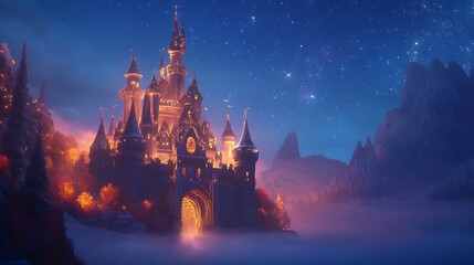 Naklejka premium Illuminated Castle Amidst Snowy Peaks and a Starry Night